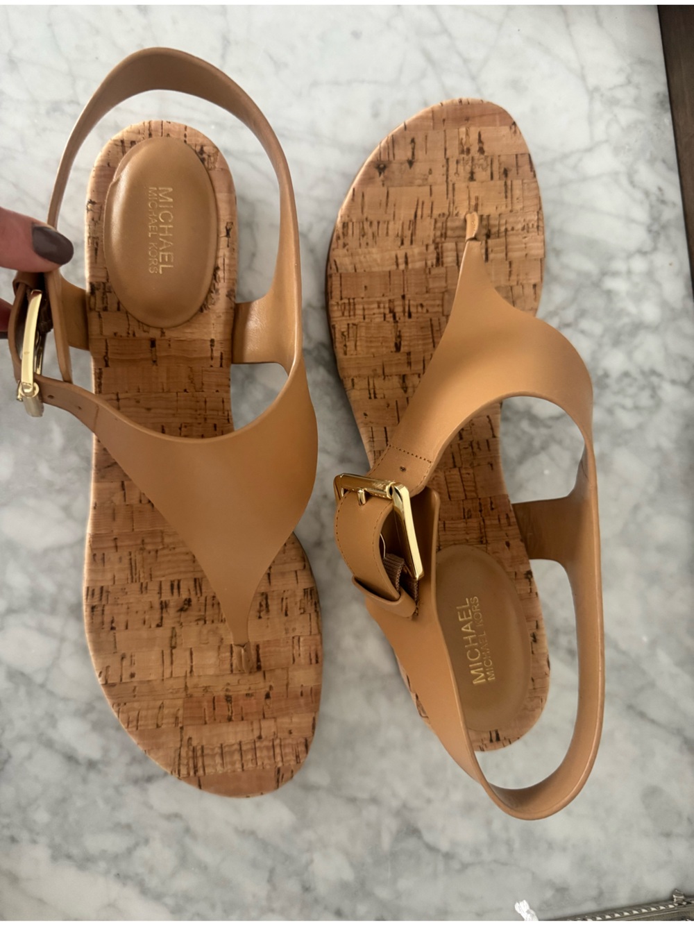 Michael Kors Tan Cork-Trim Women's Sandals with Gold Buckles - Picture 2 of 5